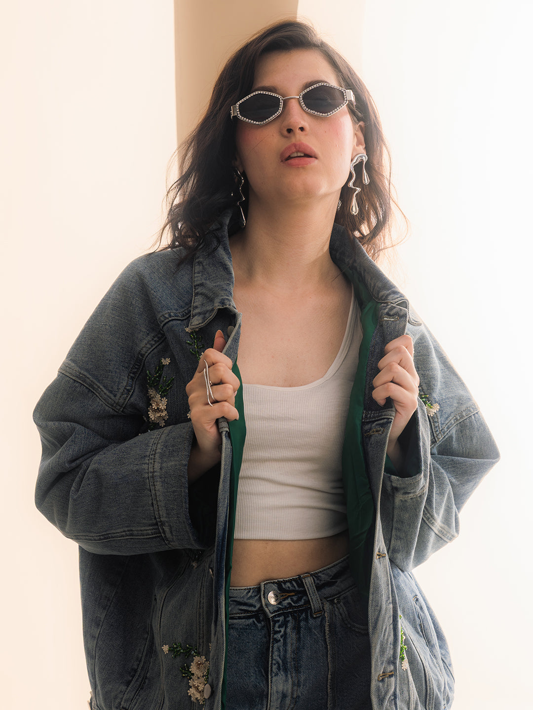 Donna Denim Oversized Embellished Jacket
